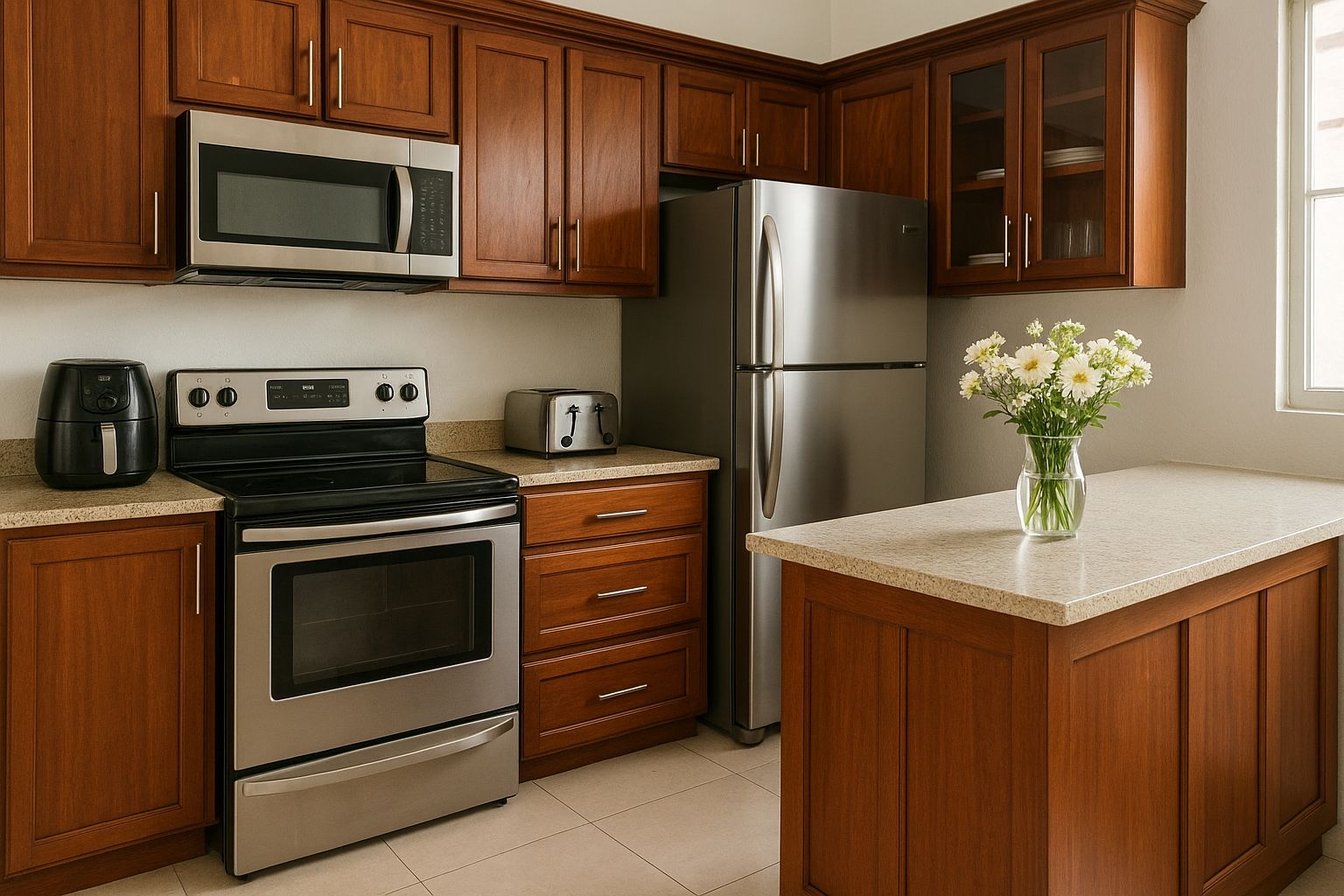 A modern kitchen with warm, cherry-wood Shaker cabinets, light beige quartz countertops, and stainless steel appliances. The scene is brightly lit by a window, and a vase of white daisies sits on a counter.