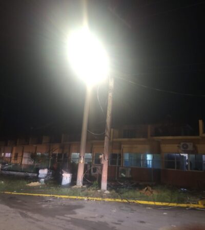 Black River Hospital and bright streetlight, early Christmas